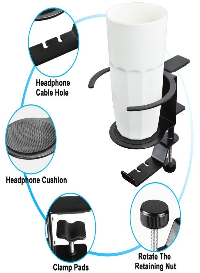 LBTING 2-in-1 Adjustable & 360 Rotating Office Gaming Accessories for Under Desk Headphone Stand, Hanging Headset, Holding Coffee Mug, Drinks, Water Bottle - Black - Image 3